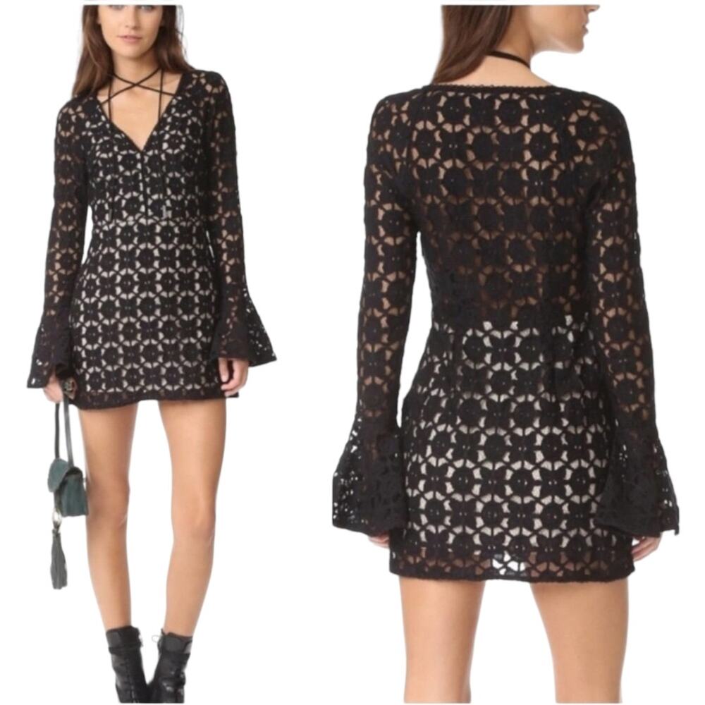 NWOTFree People Back To Black Black Crochet Mini Bell Sleeve Boho Dress Med or 6